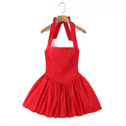 Bow Halter Slash Collar Lacing-Up Back Mini Dress