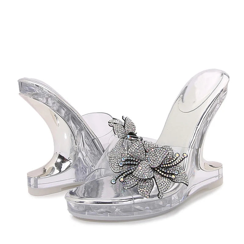Crystal Flowers Women's High Heel Platform Wedge Sandals