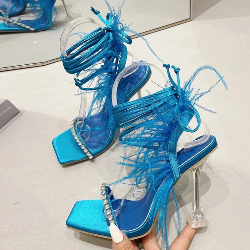 Crystal Womens Sandals with Fuzzy Feather Detail and Transparent High Heels