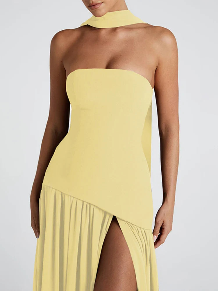 Backless Slit Ribbon Strapless Maxi Dress