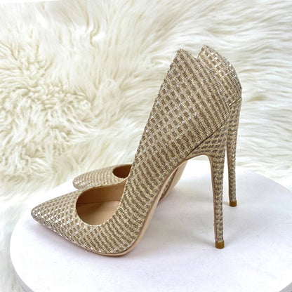 Gold Sequined Women Pointy Toe High Heels