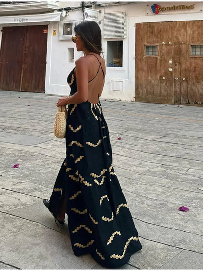 Geometric Zigzag Print Backless Spaghetti Strap Tiered Maxi Dress