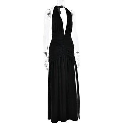 Open Back Solid Thigh High Split Long Dress