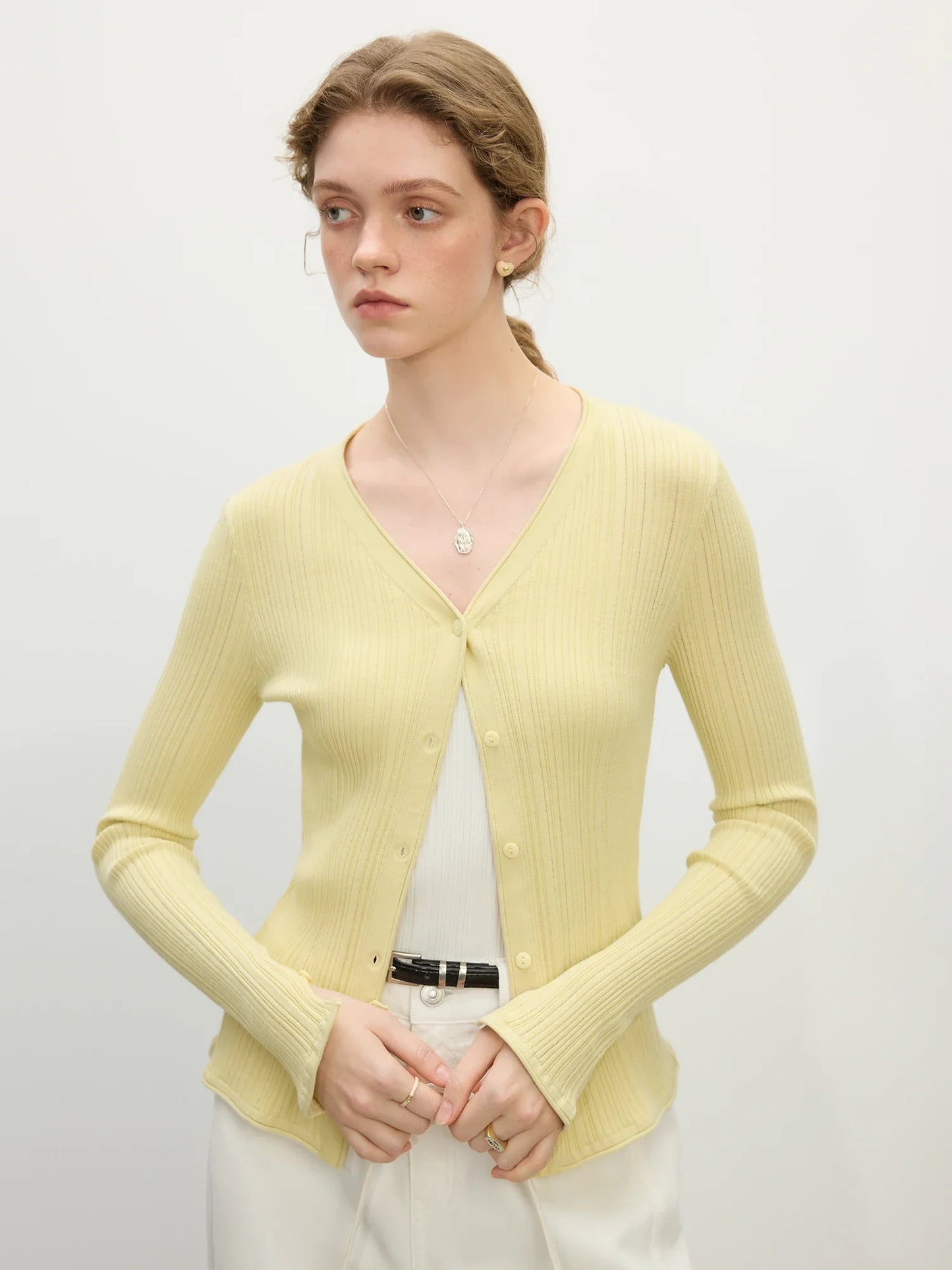 Ribbed V-neck Slit Cuff Knit Cardigan