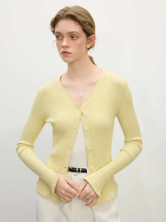 Ribbed V-neck Slit Cuff Knit Cardigan