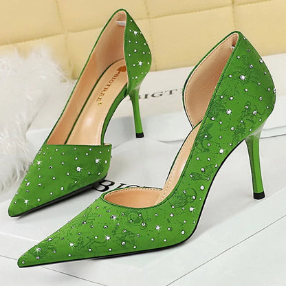 Rhinestone Kitten Heels Women 8 Cm Pumps Silk Satin High Heels