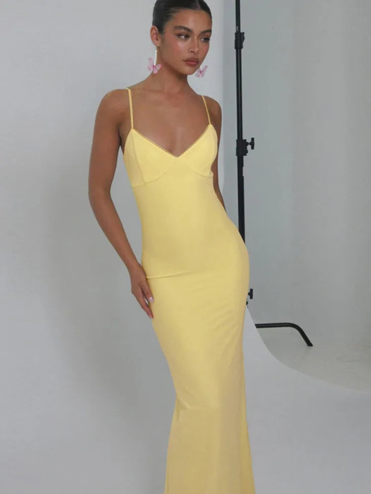 Spaghetti Yellow Sleeveless Bodycon Dress