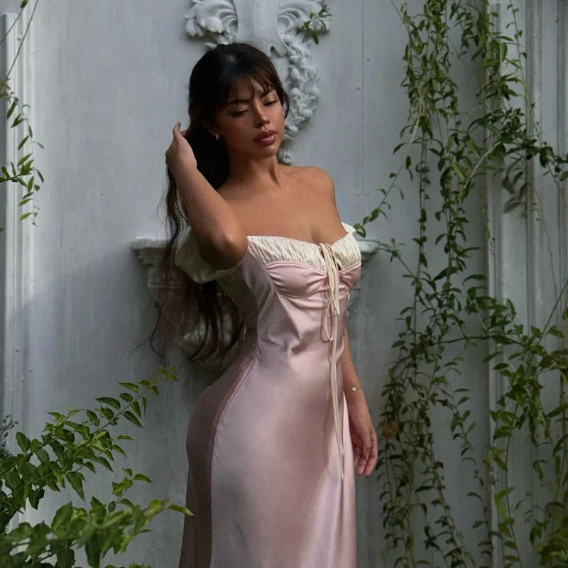 Puff Sleeve Satin Lace-up Vacation Dress