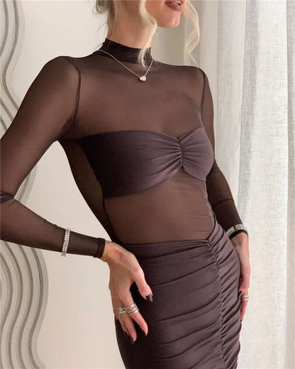 | Sheer Mesh Bodycon Midi Dress