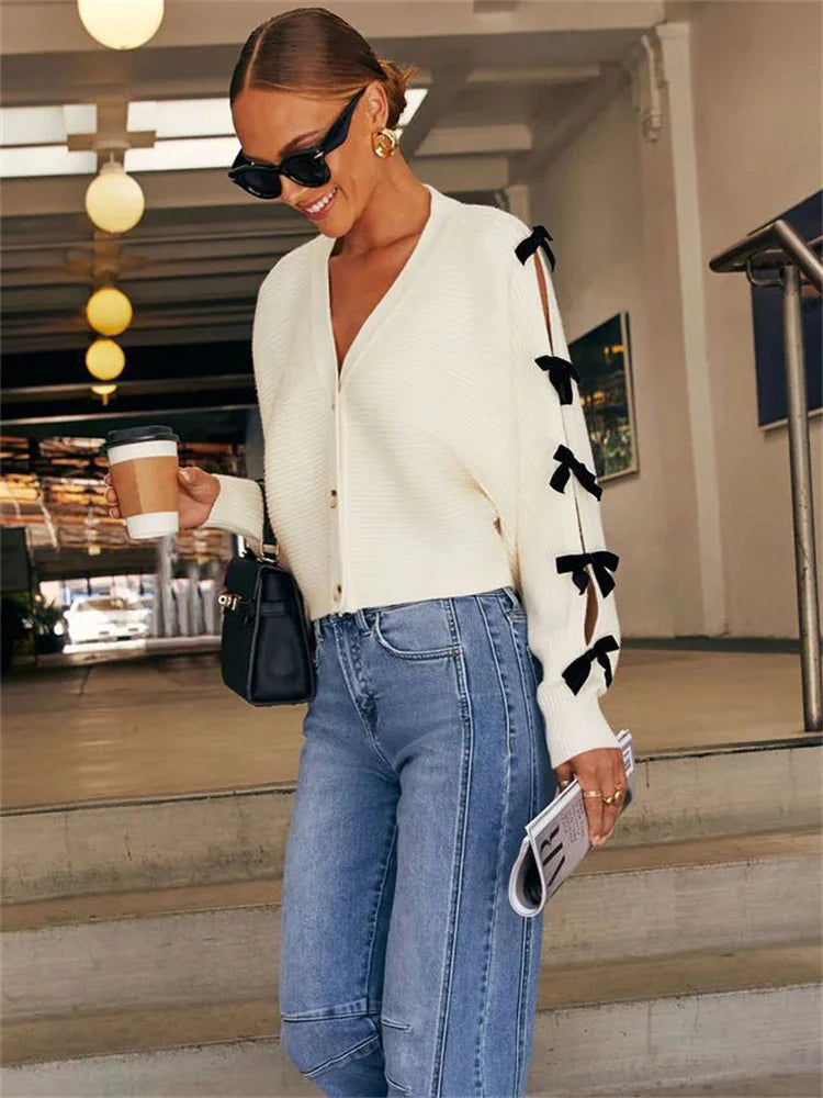 Bow Ribbed Hollow Knit Coat