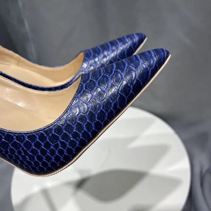 Navy Blue Croc-Effect Pointed Toe High Heel Shoes for Women