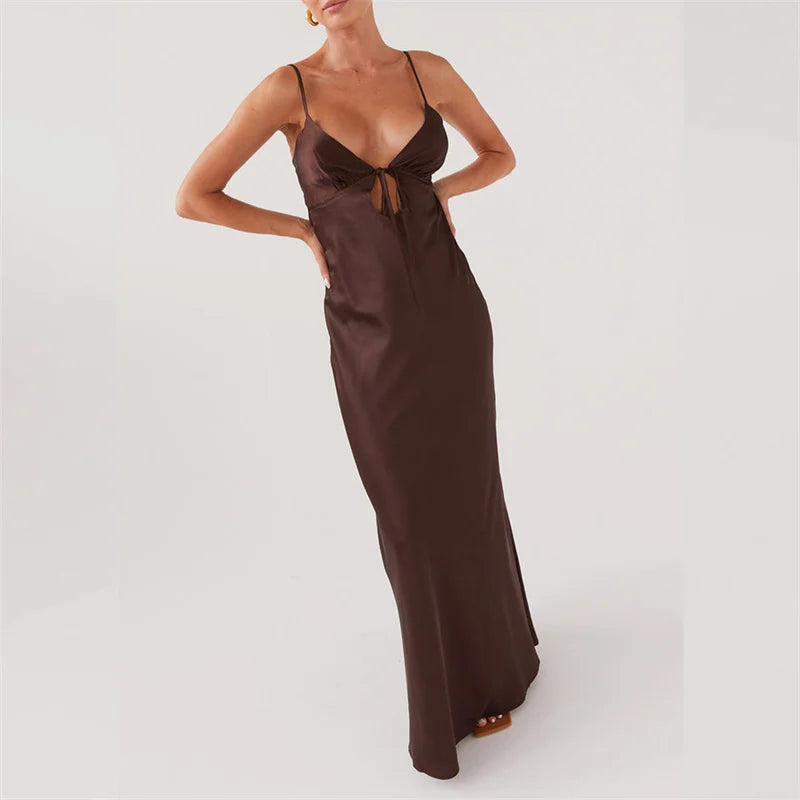Tie Up Spaghetti Strap Solid Midi Dress