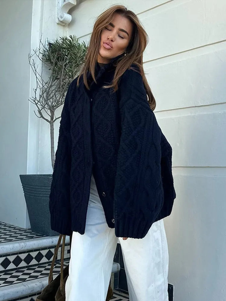 Twist Lapel Hidden Button Knit Cardigan