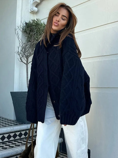 Twist Lapel Hidden Button Knit Cardigan