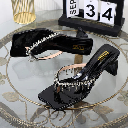 Rhinestone chain clip toe sandals with thick sole