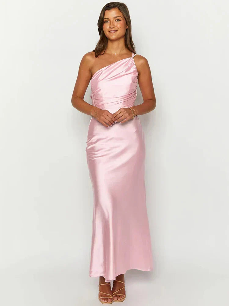 One Shoulder Cowl Neck Satin Column Maxi Gown