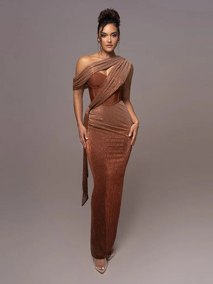 One Shoulder Draped Glitter Brown Maxi Dress
