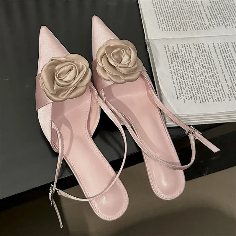 Thin High Heels Buckle Strap Women Pumps with Sexy Flower Pointed Toe Mules