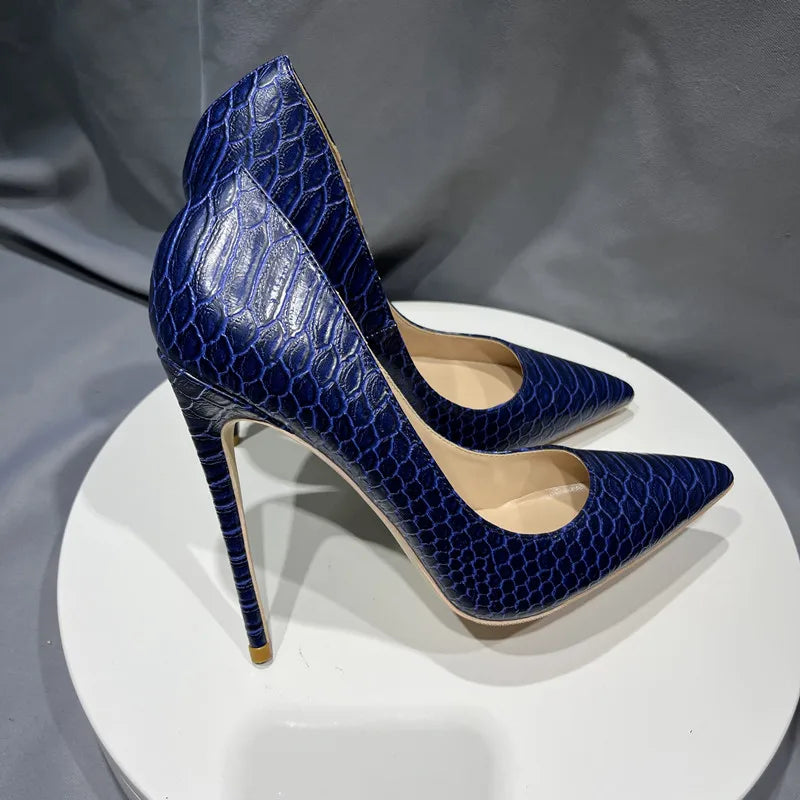 Navy Blue Croc-Effect Pointed Toe High Heel Shoes for Women