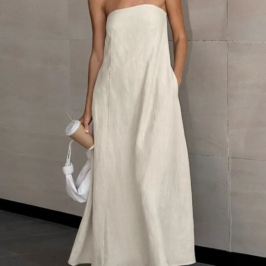Strapless Khaki Cotton Holiday Midi Dress