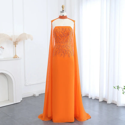 Orange Strapless Evening Dress with Cape Sleeve
