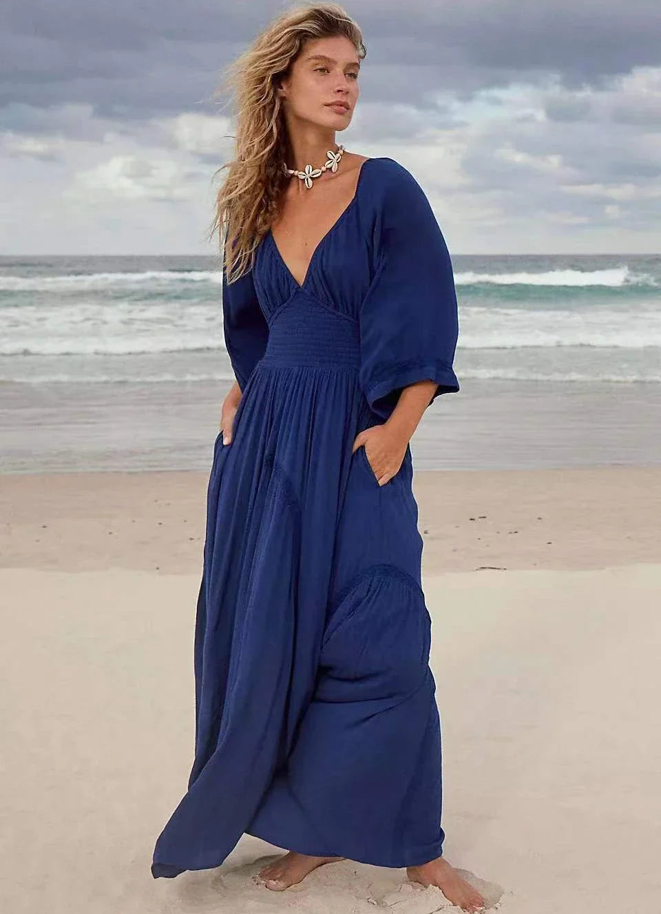 Deep V Neck Polyester Elastic Waist Boho Dress