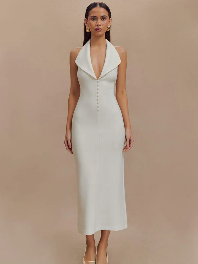 V Neck Halter Backless Bodycon Maxi Dress