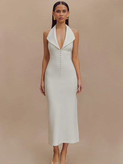 V Neck Halter Backless Bodycon Maxi Dress