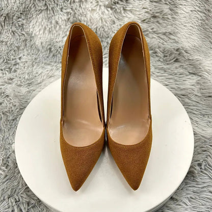 Brown Flock Pointy Toe High Heel Shoes for Sexy Women with Curl Cut