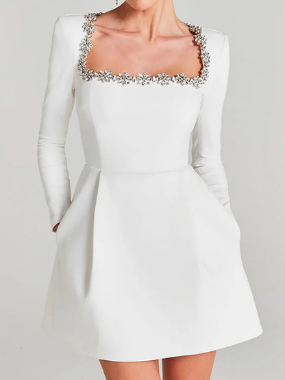 | White Jewel Trim Long Sleeve Mini Dress