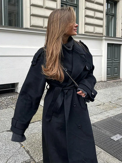 Fashion Double Breasted Women's Woolen Overcoat Elegant Lapel Long Sleeve Jacket With Belt Female New Commute Outerwear