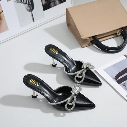 Summer rhinestone bow sandals with pointed semi-slippers and thin heels