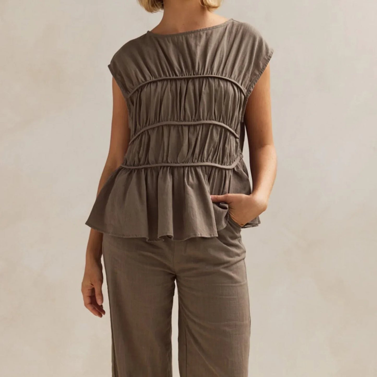 | Ruched Cap Sleeve Peplum Top