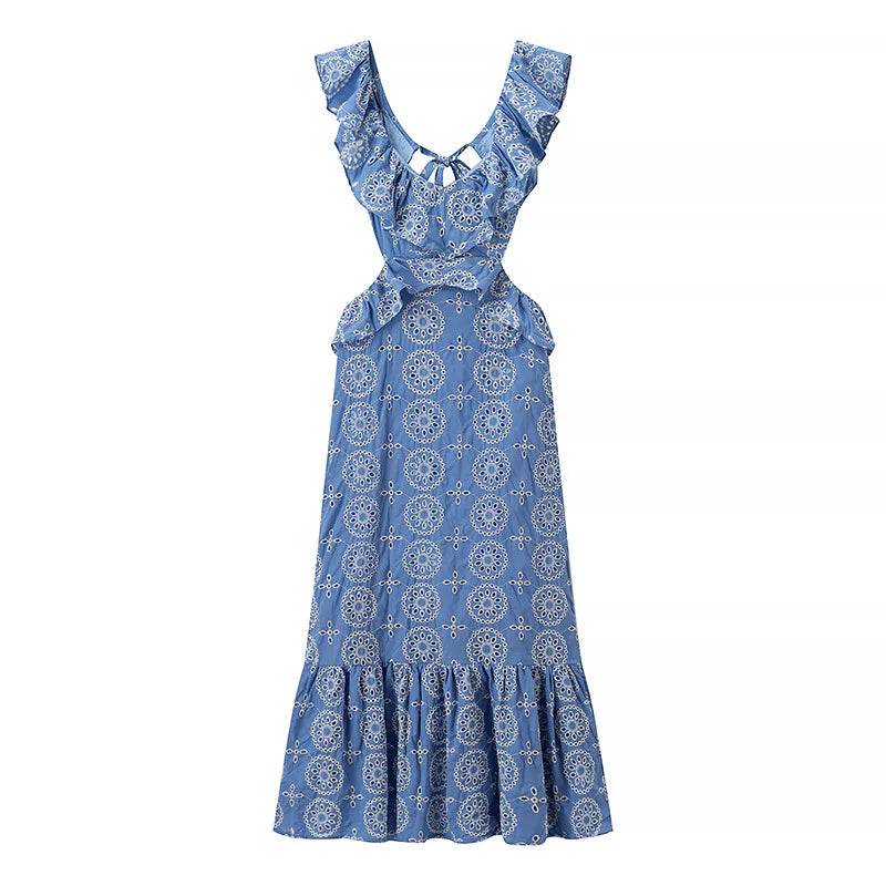 Eyelet Lace Ruffle Strap V Neck Waist Cutout Tiered Ruffle Hem Midi Dress