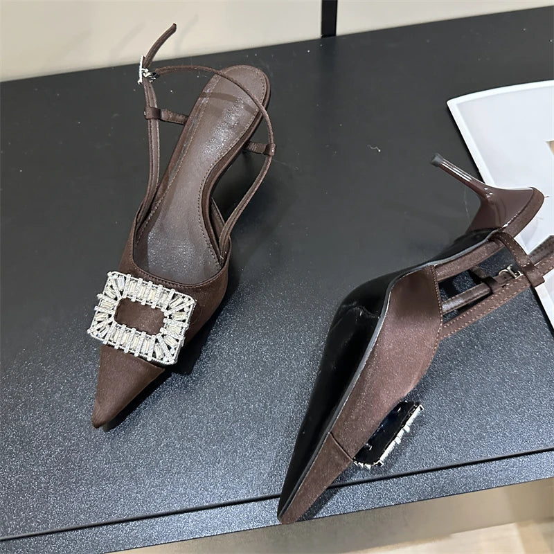 Thin High Heels Buckle Strap Women Pumps with Square Button Pointed Toe Mules