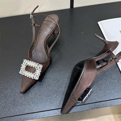 Thin High Heels Buckle Strap Women Pumps with Square Button Pointed Toe Mules