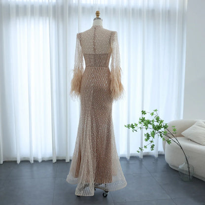 Feather Embellished Evening Gown with Long Sleeves