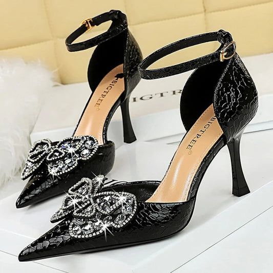 Kitten Heels Sandals Women Shoes with Rhinestone Bowknot for Summer Banquets