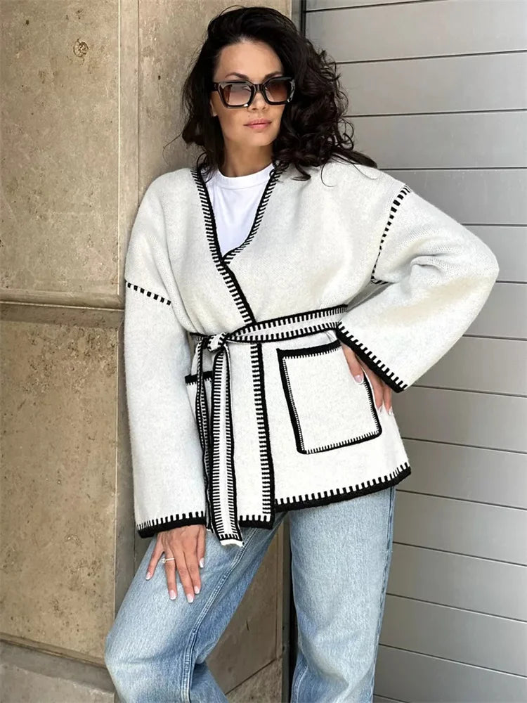 Lace-Up Patchwork Knit Coat