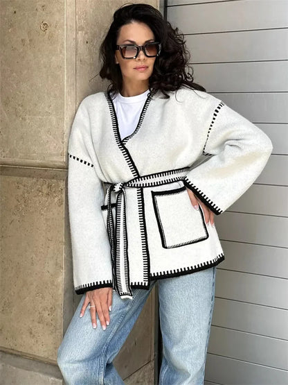 Lace-Up Patchwork Knit Coat