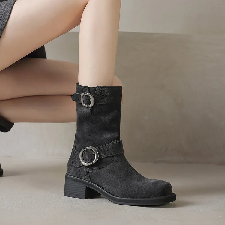 | Suede Buckle Boots in Black