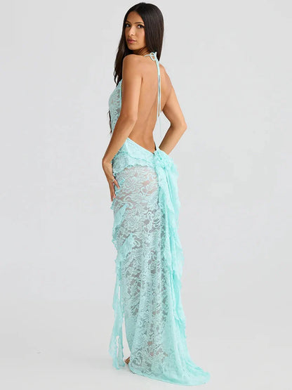 Lace Halter Ruffle Beach Bodycon Dress