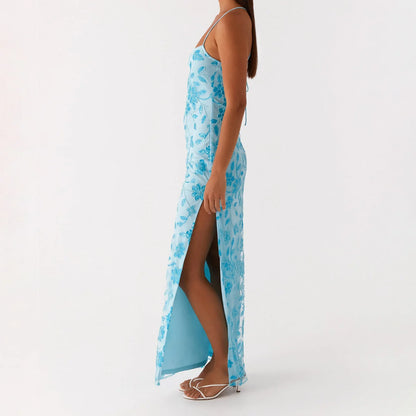 Sequin Beaded High Slit Cami Vacation Dress