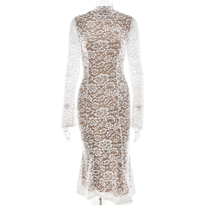 Lace Half High Neck Fishtail Dress