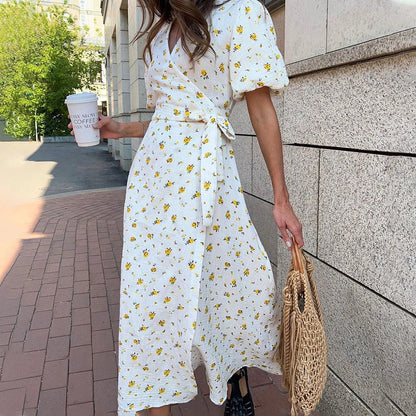 Floral V Neck A Line Slit Midi Dress