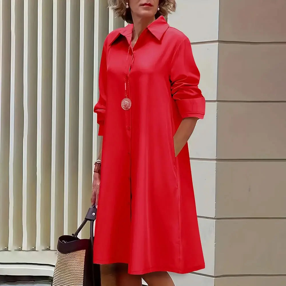 Collared Long Sleeve Button Down Patch Pocket Midi Shirt Dress