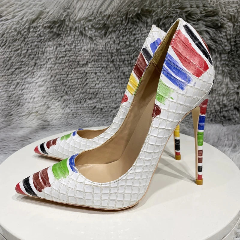 White Crocodile Effect Pointy Toe High Heel Party Shoes for Women