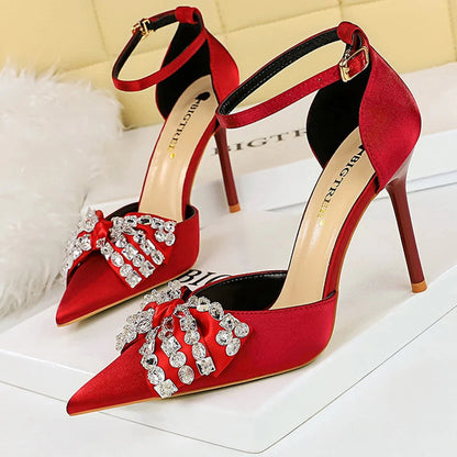 Summer High Heels 10 Cm Rhinestone Bow Women's Pumps with Hollow Out Design