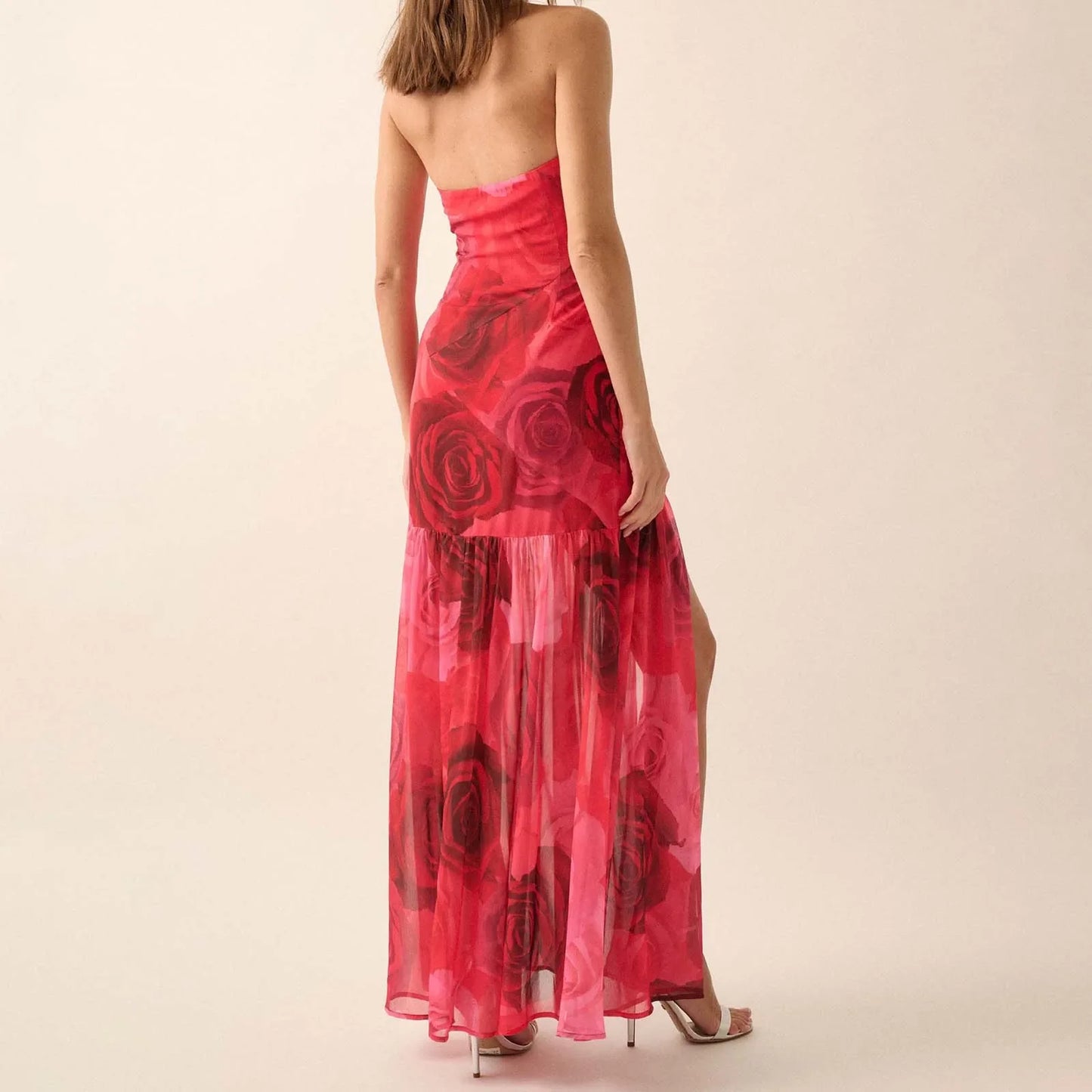 Tie-dye Rose Ruffled Split Vacation Dress