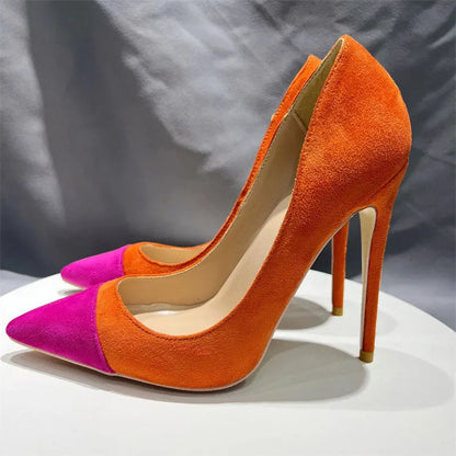 Orange Purple Patchwork Women Flock Pointy Toe High Heel Shoes